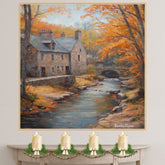 Autumn Stream Running by the Cottage – Rustic Fall Landscape Oil Painting Print on Ready to Hang 1.5" Thick Canvas Wrap, Floating Framed Canvas, Flat Rolled Canvas